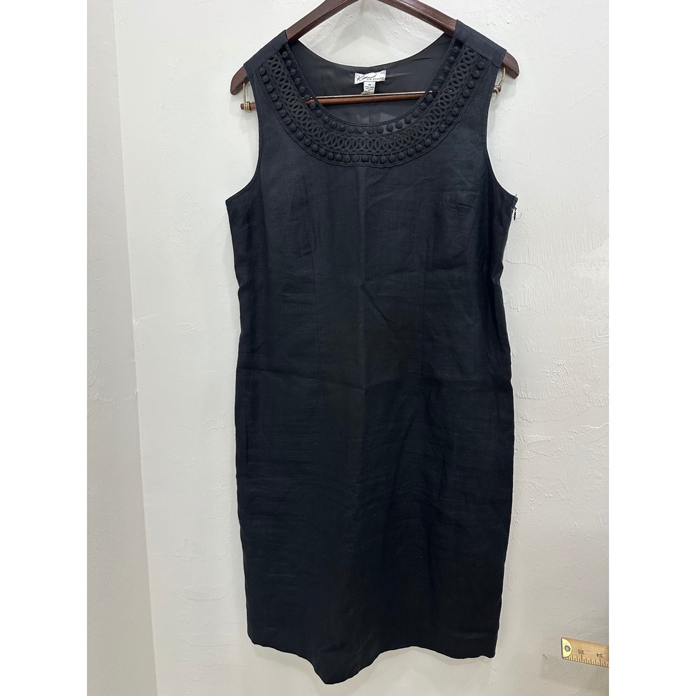 Kim Rogers Women Black 100% Linen Sleeveless Embroidered Shift Dress Size 10